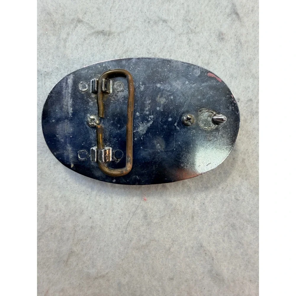 Vintage Western Silver Tone Oval Belt Buckle Brown Banded Agate Stone Beaded